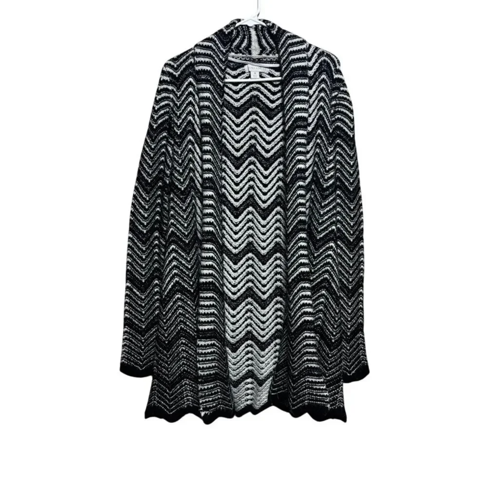 Laura Ashley Black White Chevron Knit Cardigan Size M Metallic Accents